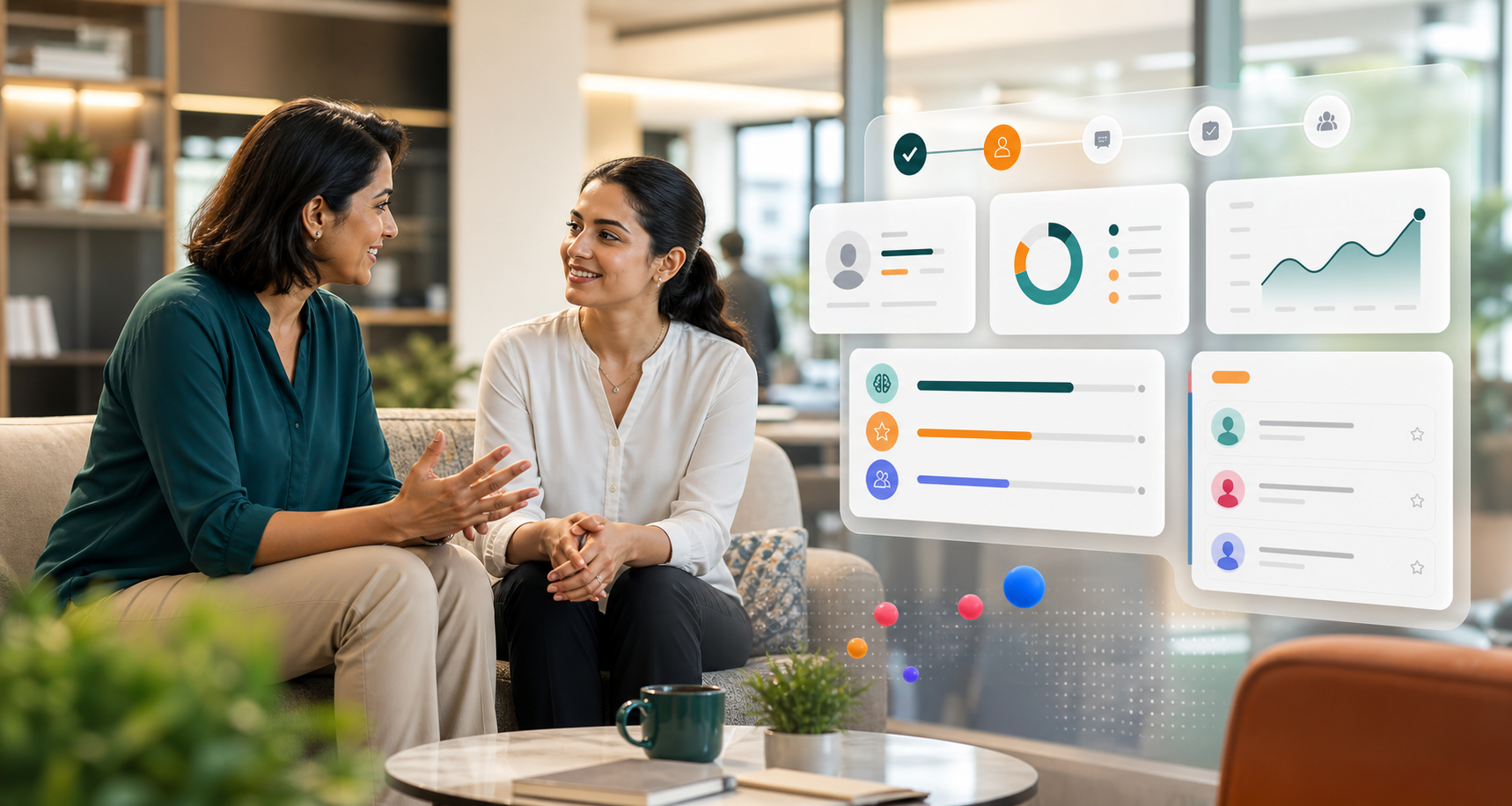 HR leader supporting an employee with AI outplacement platform interface